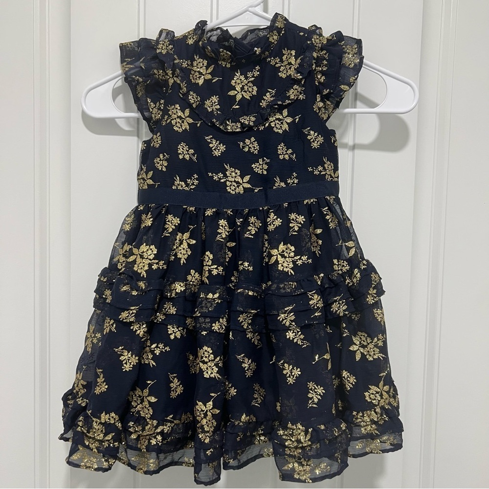 Janie and Jack Toddler Girl Sparkle Holiday Dress Dark Marine Floral Size 3 - Picture 2 of 6